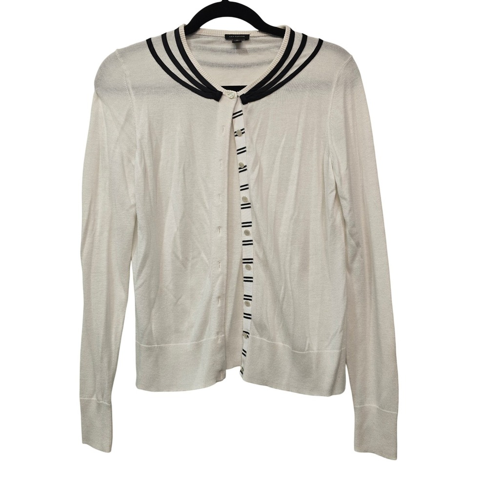 Ann Taylor Sailor Collar Cardigan Sweater White Black Trim Nautical Preppy M